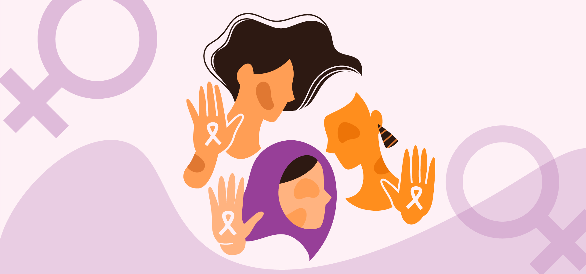 Imagen dibujada de tres mujeres posando de lado con cada una de sus palmas de la mano hacia al frente, y en cada una de estas palmas se encuentra el lazo de anti-violencia contra la mujer.