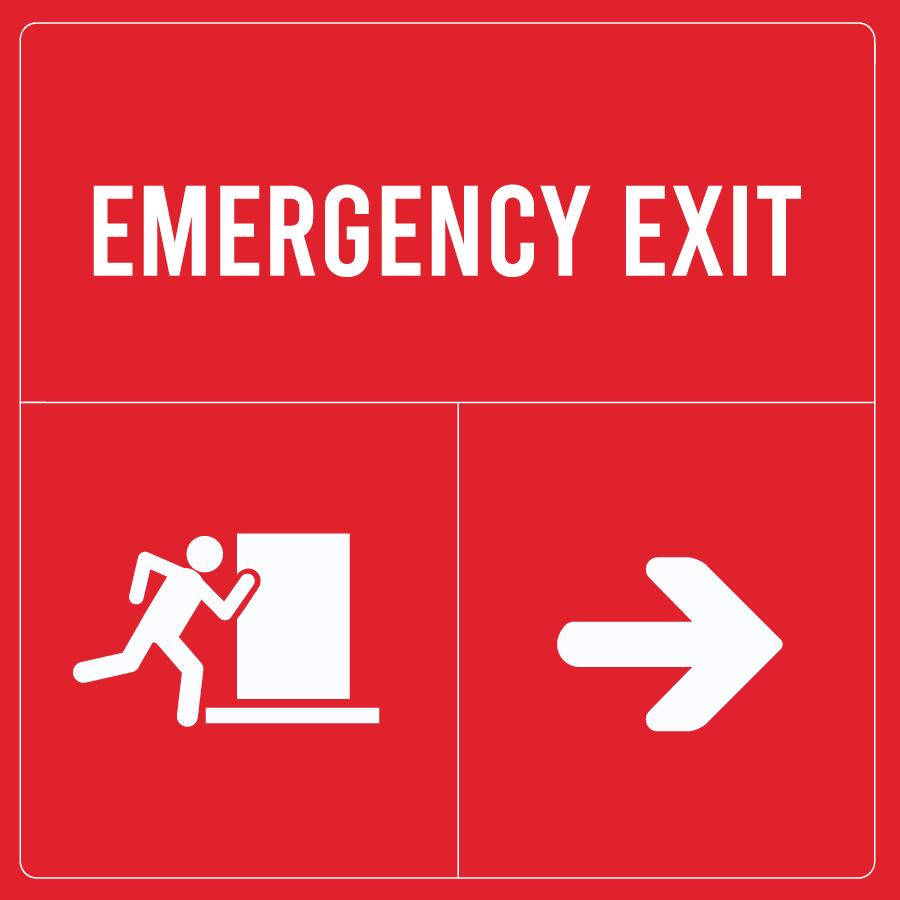 Imagen de un letrero de salida de emergencia con color rojo de fondo.
