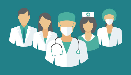 Imagen dibujada con color azul turquesa oscuro de fondo donde se encuentran cinco profesionales de salud, entre ellos dos cirujanos, dos doctores y una enfermera.