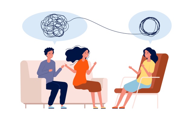 Imagen dibujada de una pareja hablando de sus problemas, y por esto forman un enredo; y una psicóloga ayudando a la pareja desenrredar sus problemas.