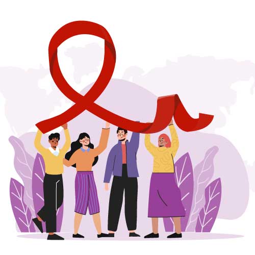Imagen dibujada de varias personas cargando el lazo del VIH/SIDA.