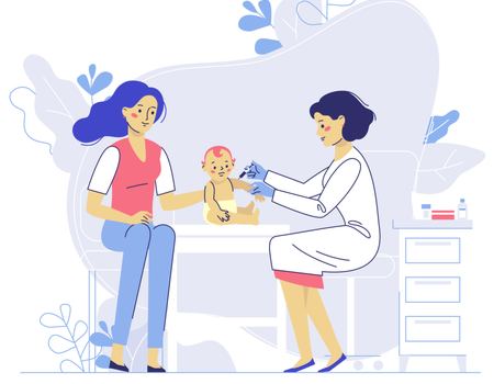 Imagen dibujada de una madre con su bebé infante en una oficina de doctor, y su pediatra inyectando, al parecer, una vacuna.