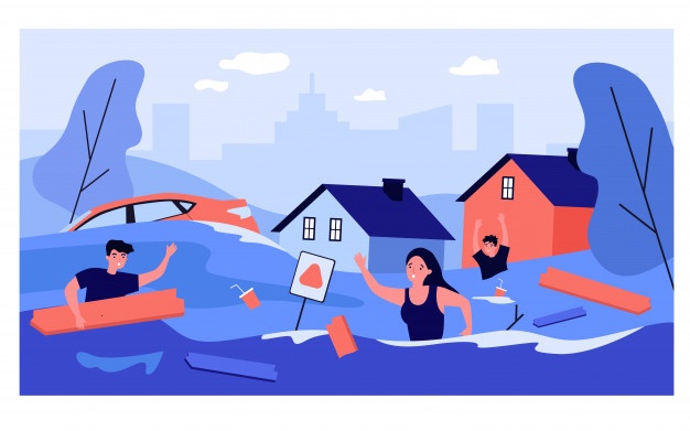 Imagen dibujada de un tsunami llevándose en su paso varios hogares, un automóvil y unas personas tratando de escapar de la ola.