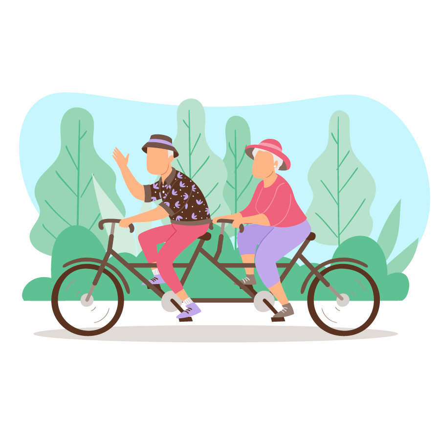 Imagen dibujada de una pareja de personas de mayor de edad corriendo una bicicleta de dos asientos en un día soleado.